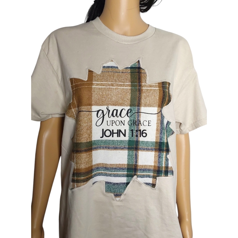Handmade Patch T-Shirt John 1:16  with Plaid Flannel Patches | Christ unisex